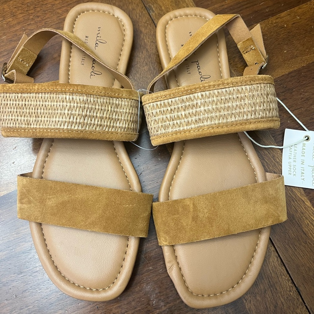 Mila Paoli Tan Suede and Straw Sandals Size 8 NWOT